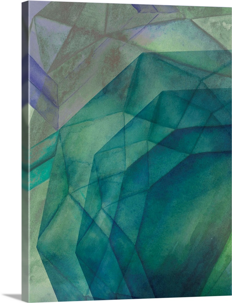 Contemporary home decor artwork of geometric shapes in green sea-like tones.
