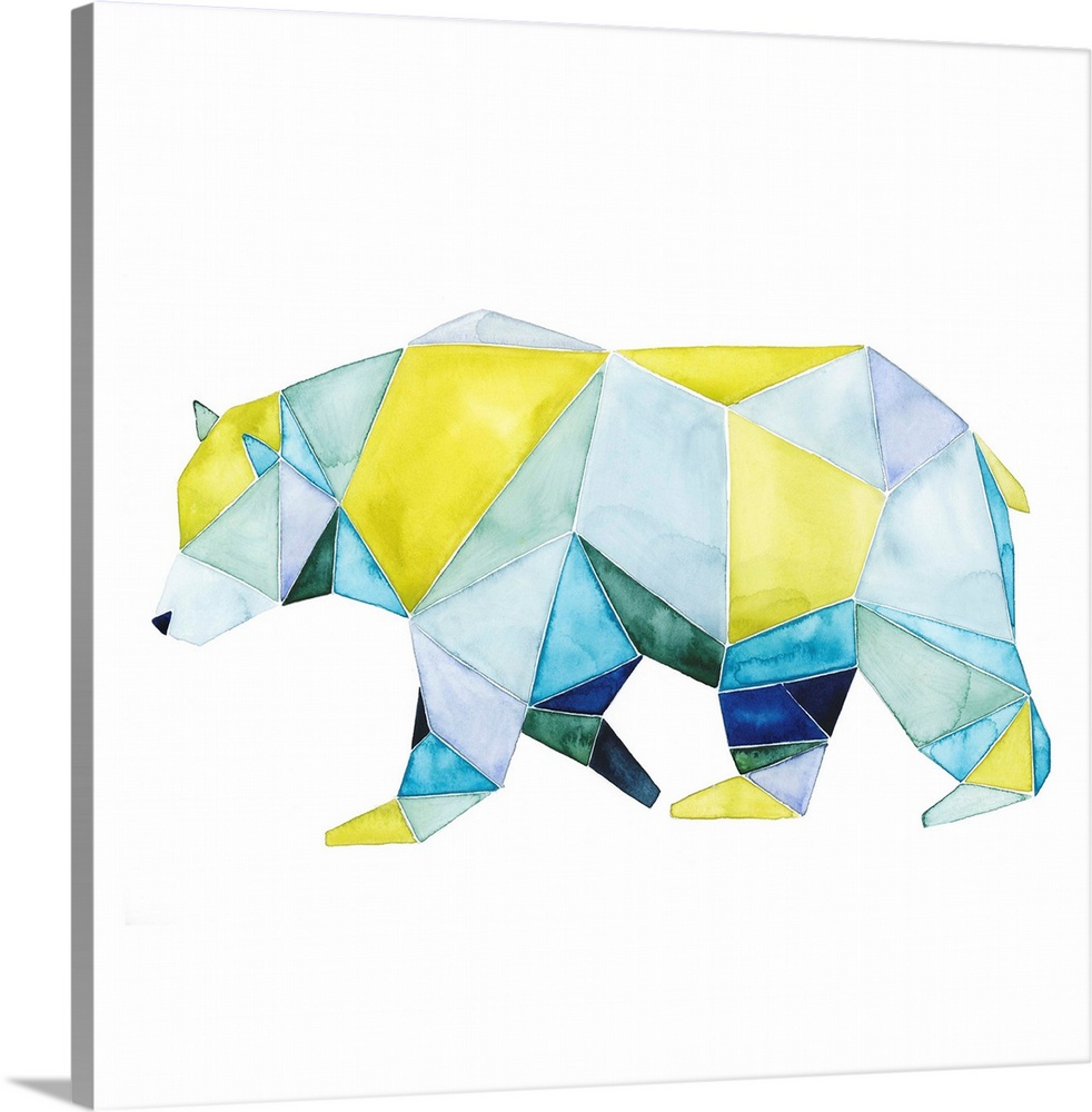 Watercolor artwork of a bear rendered in polygonal shapes in yellow and blue.