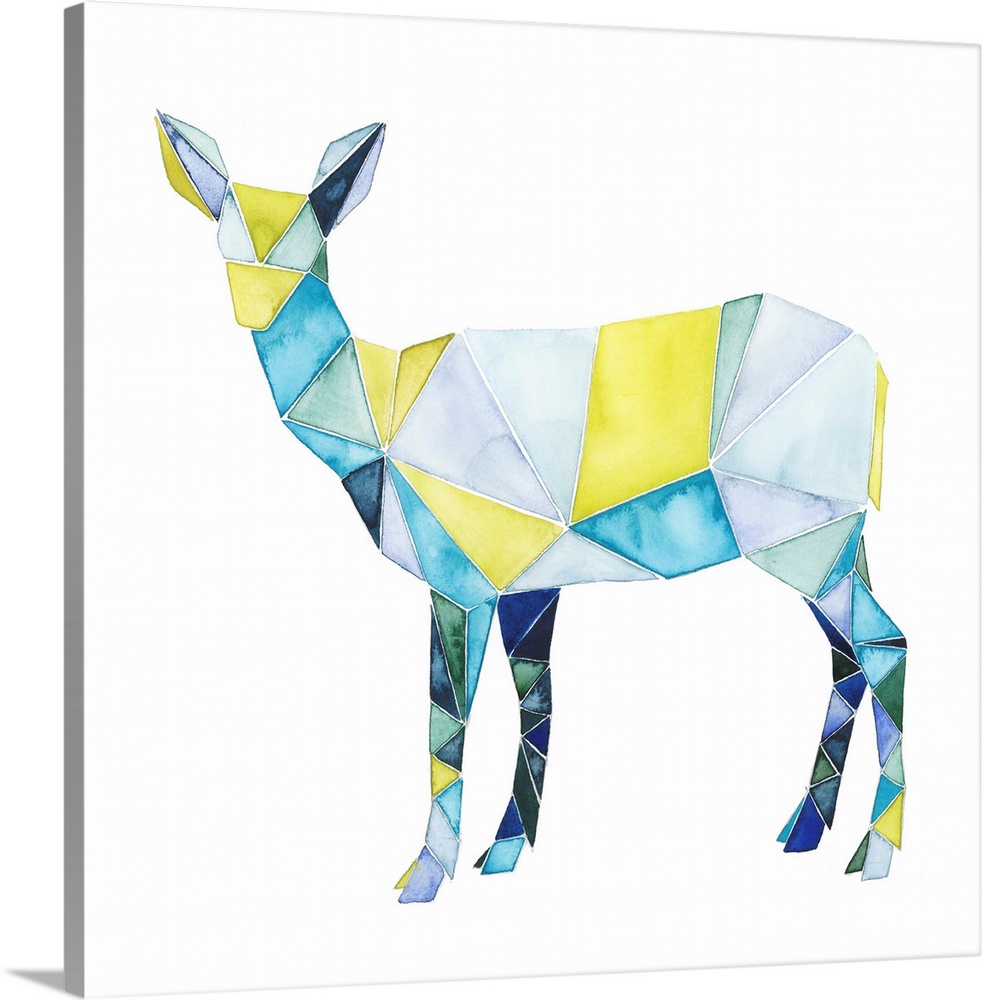 Watercolor artwork of a deer rendered in polygonal shapes in yellow and blue.