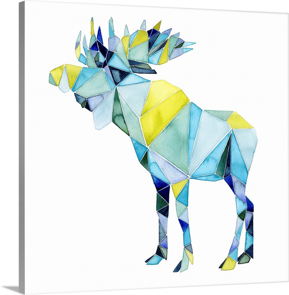 Watercolor artwork of a moose rendered in polygonal shapes in yellow and blue.