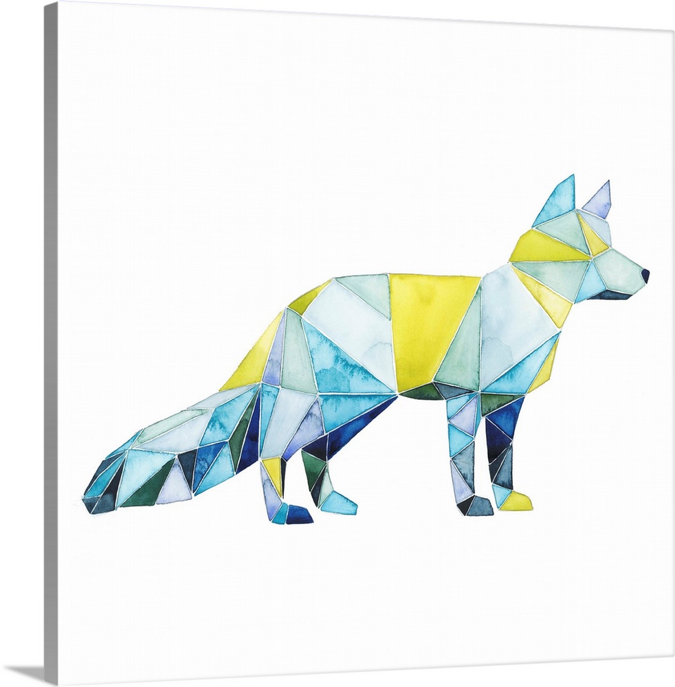 Watercolor artwork of a fox rendered in polygonal shapes in yellow and blue.
