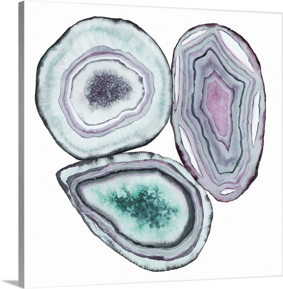 Square watercolor artwork of geode rocks in green, purple and blue on a white background.