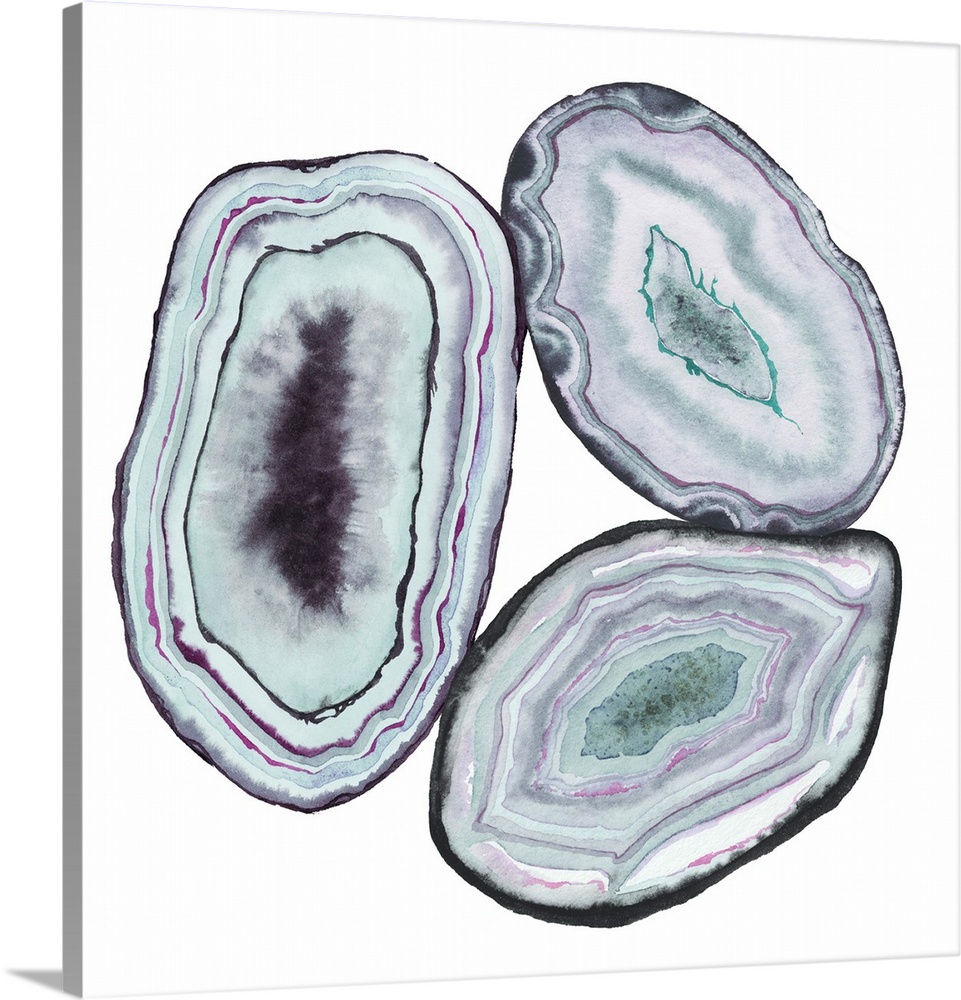 Square watercolor artwork of geode rocks in green, purple and blue on a white background.