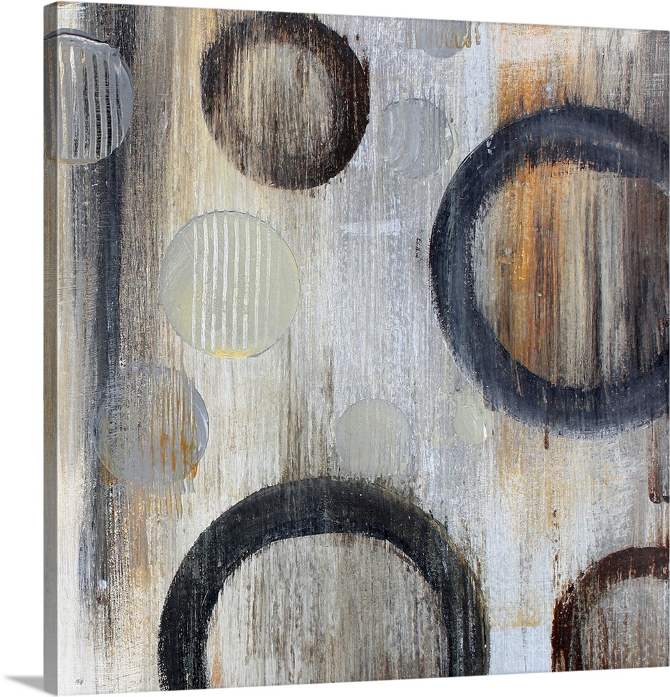 Abstract artwork of circle floating against a gray background with an overall grungy look.