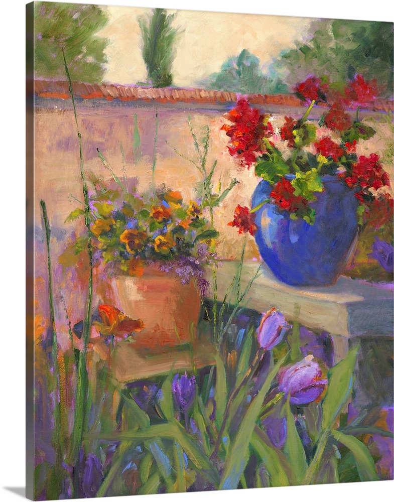 Still life painting of two potted flowers on benches in a walled garden.