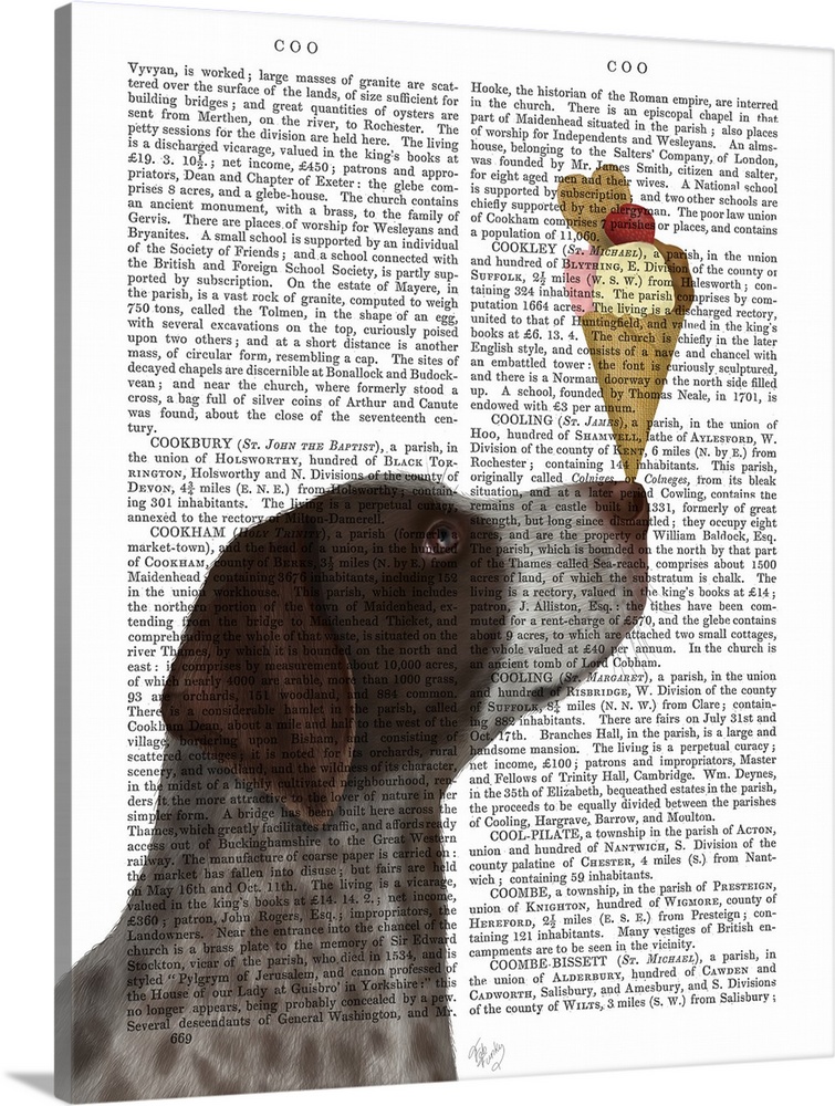 Decorative artwork of a German Shorthaired Pointer balancing an ice cream cone on its nose, painted on the page of a book.