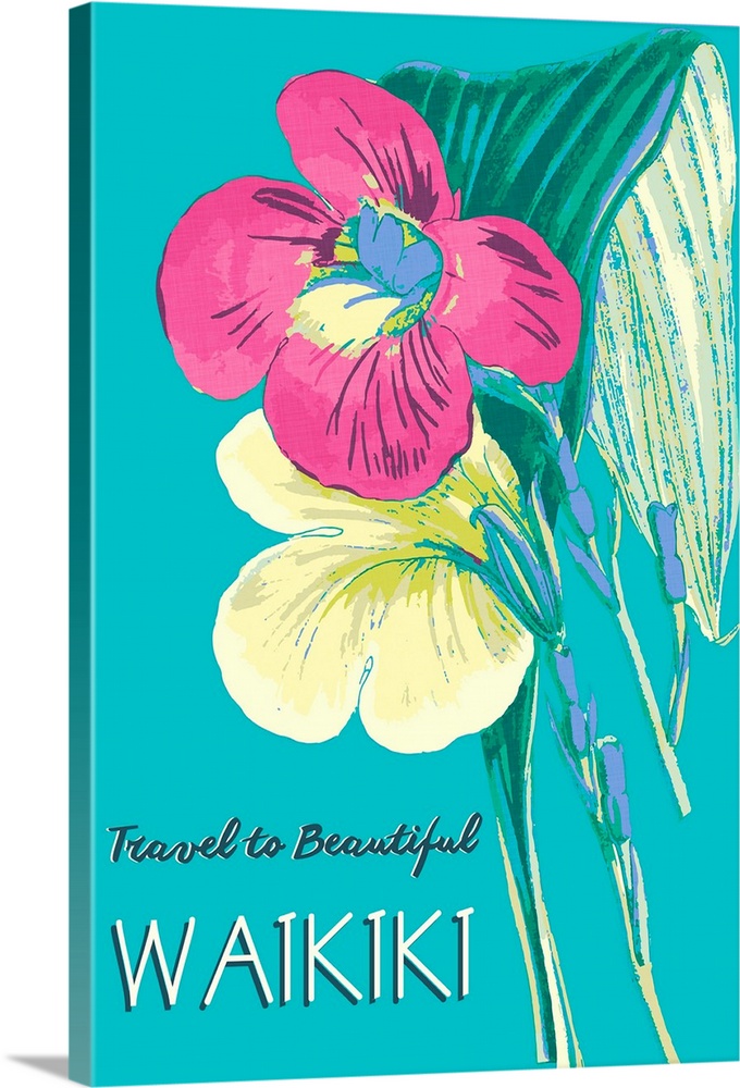 Bright contemporary floral painting with text, "Travel to beautiful Waikiki."