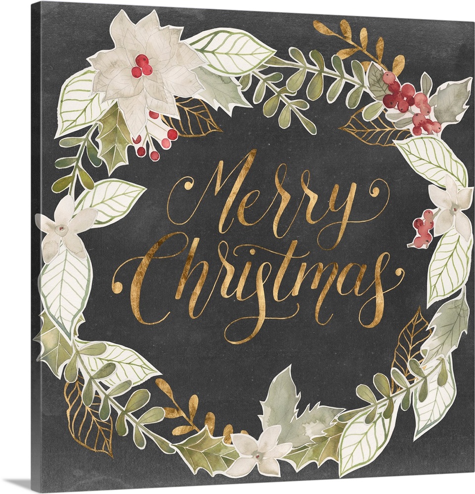"Merry Christmas" in gold surrounded by a wreath of muted green shades with gold accents.
