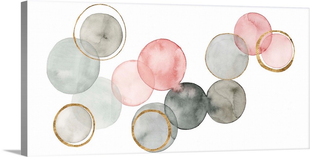Contemporary abstract painting with watercolored circles connecting together in shades of gray and pink, with metallic gol...
