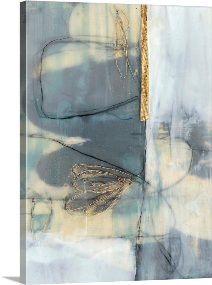 Whimsical contemporary abstract collage in grey-blue and gold.