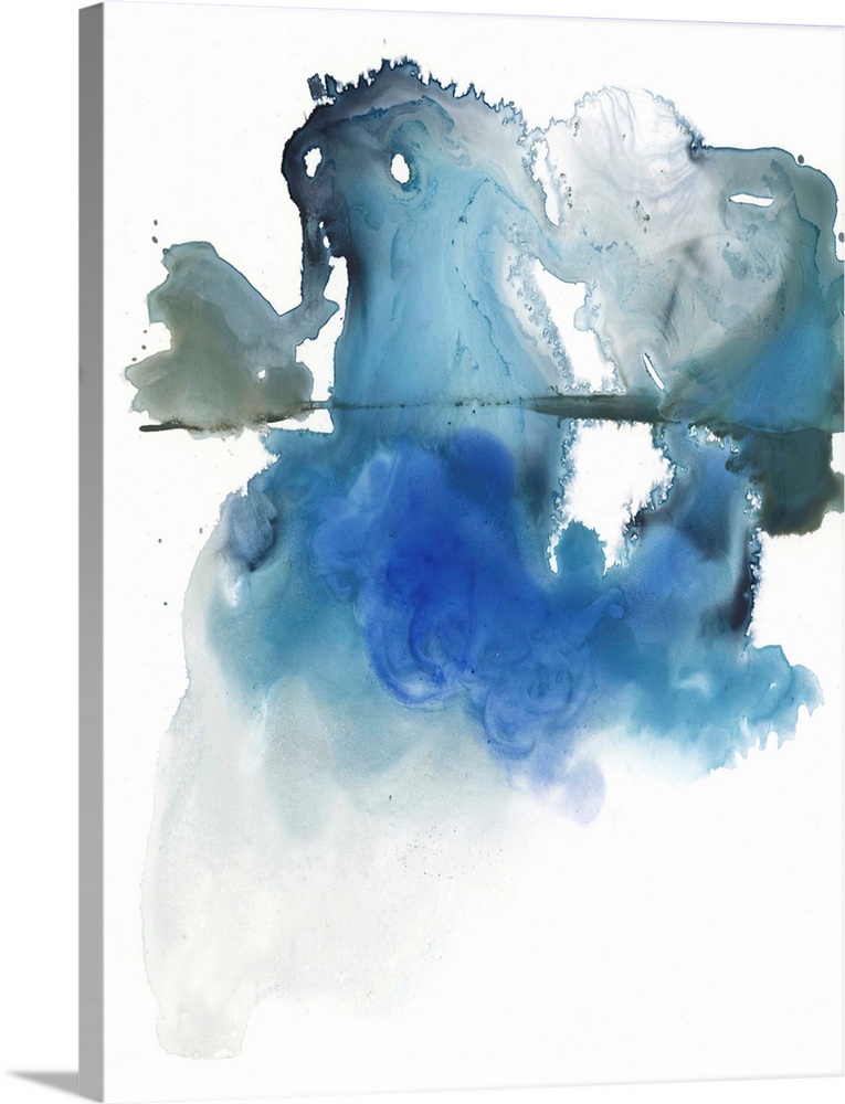 A vertical abstract painting in blurred, blended colors of blur and gray on a white background.