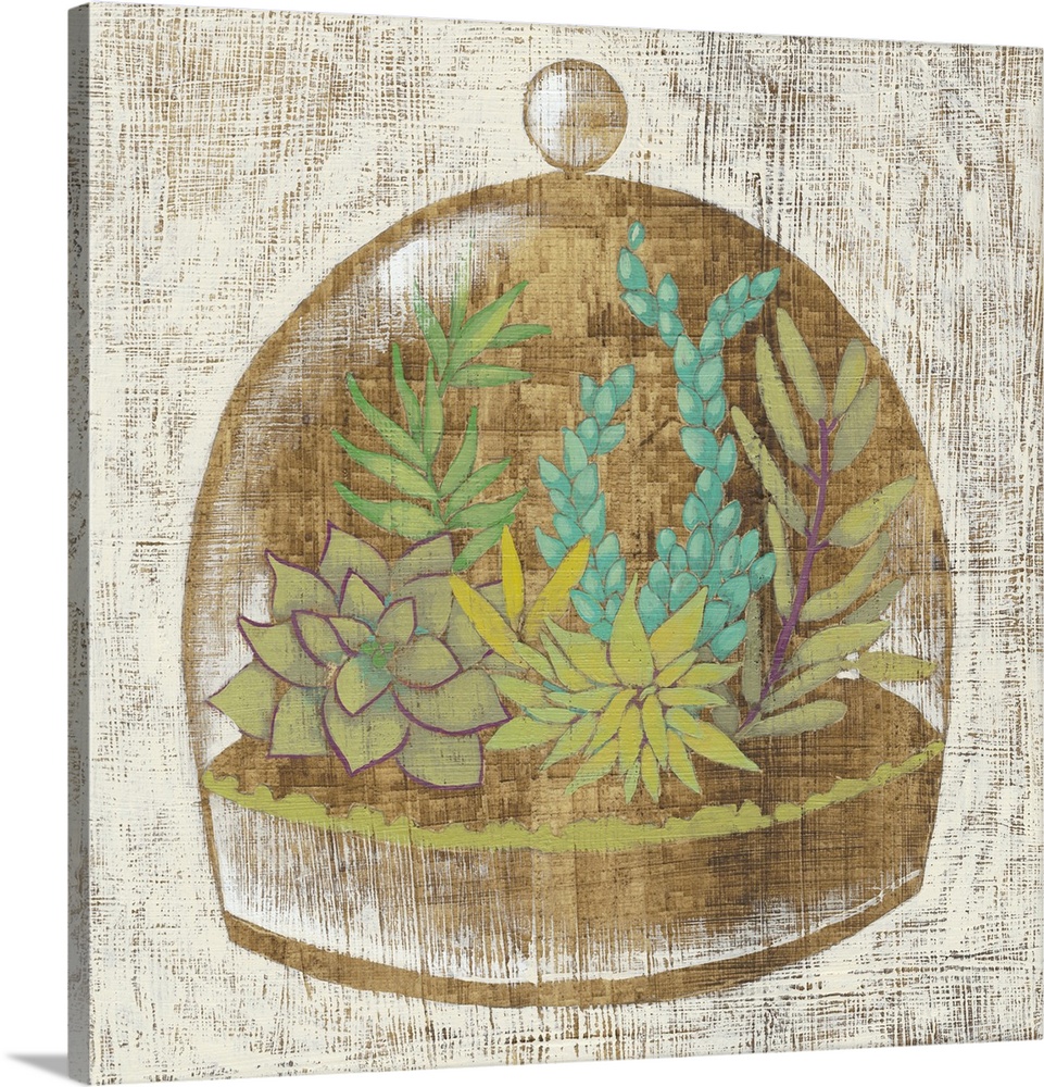 Square decor with a painted illustration of succulents inside a glass container.