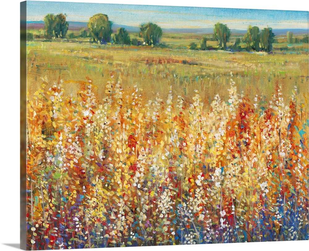 Contemporary artwork of a field of yellow and red flowers with a green meadow in the distance.