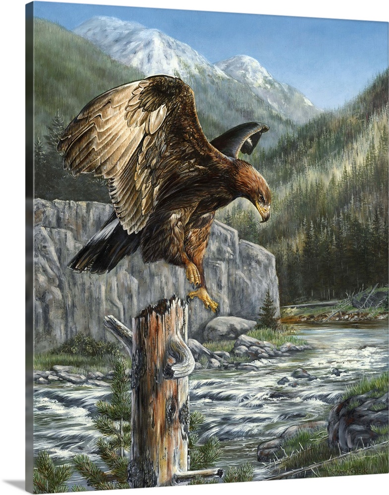 Contemporary painting of a golden eagle perched atop a dead tree.