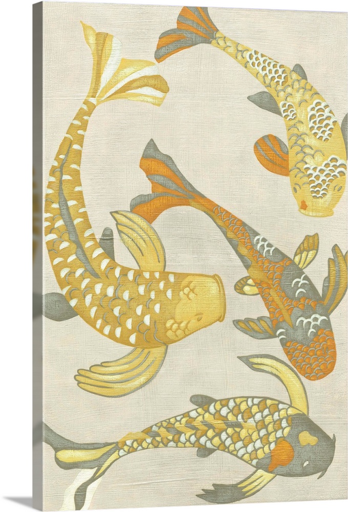 Contemporary painting of a gold koi fish against a neutral background.