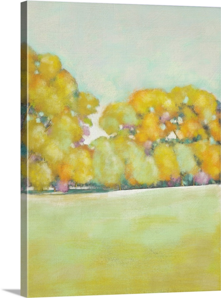 Contemporary landscape art print of yellow trees at the edge of an open field.