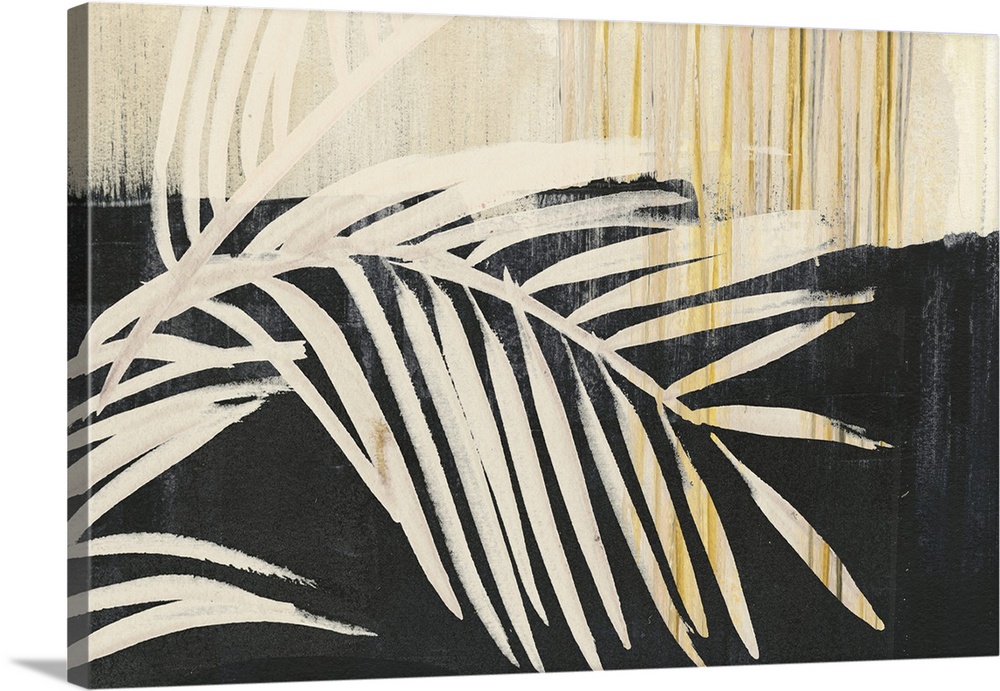 Horizontal artwork of large palm leaves in beige tones with gold accents on black.