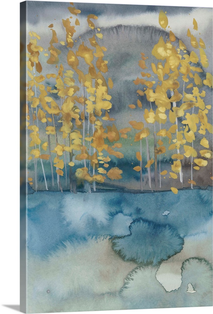Abstract watercolor landscape in blue and gray with golden trees.