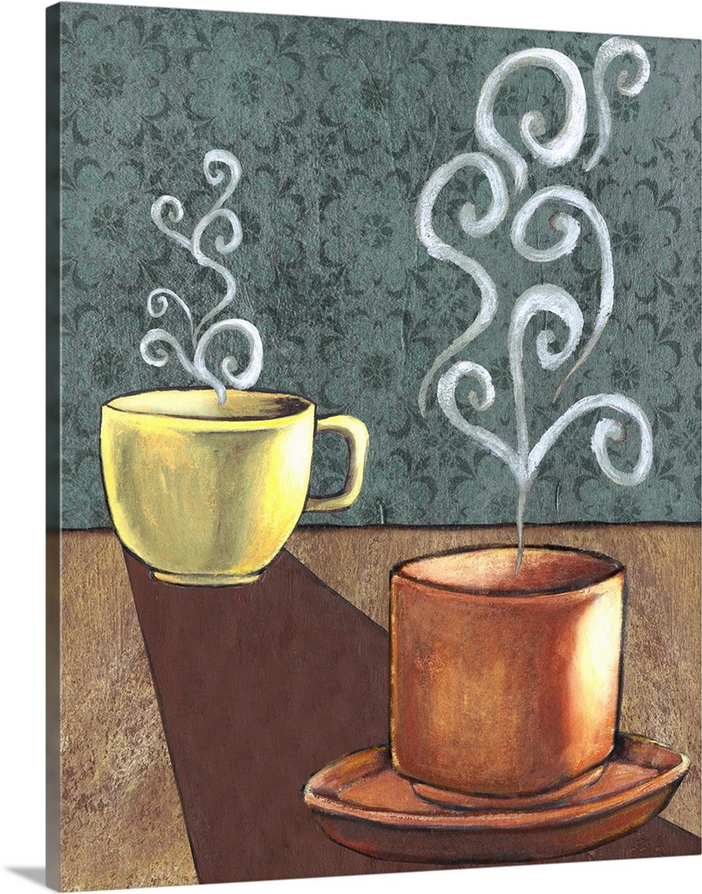Contemporary artwork of two steaming cups of coffee.