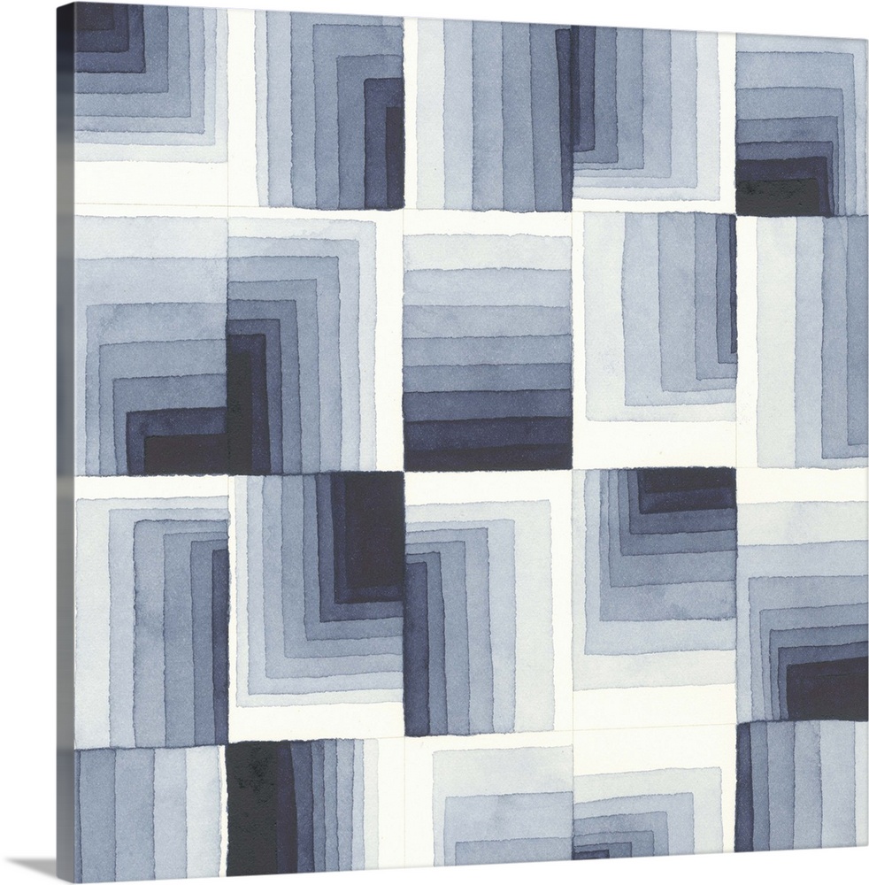 Contemporary abstract geometric artwork of tiles of individual indigo gradients.