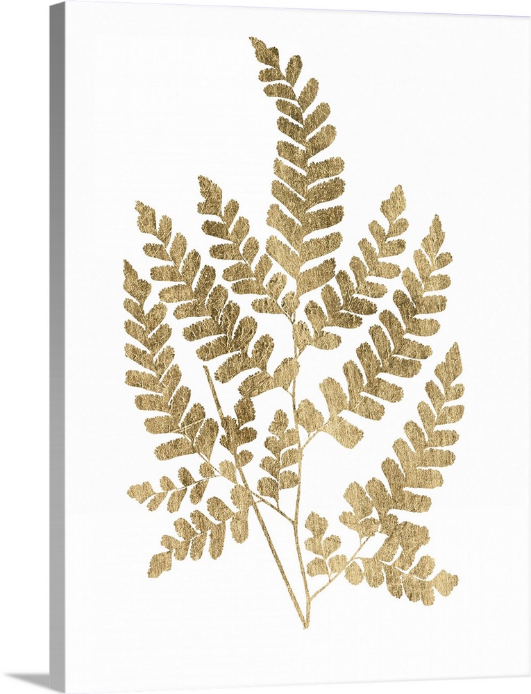 Contemporary artwork of a gold fern frond against a white background.
