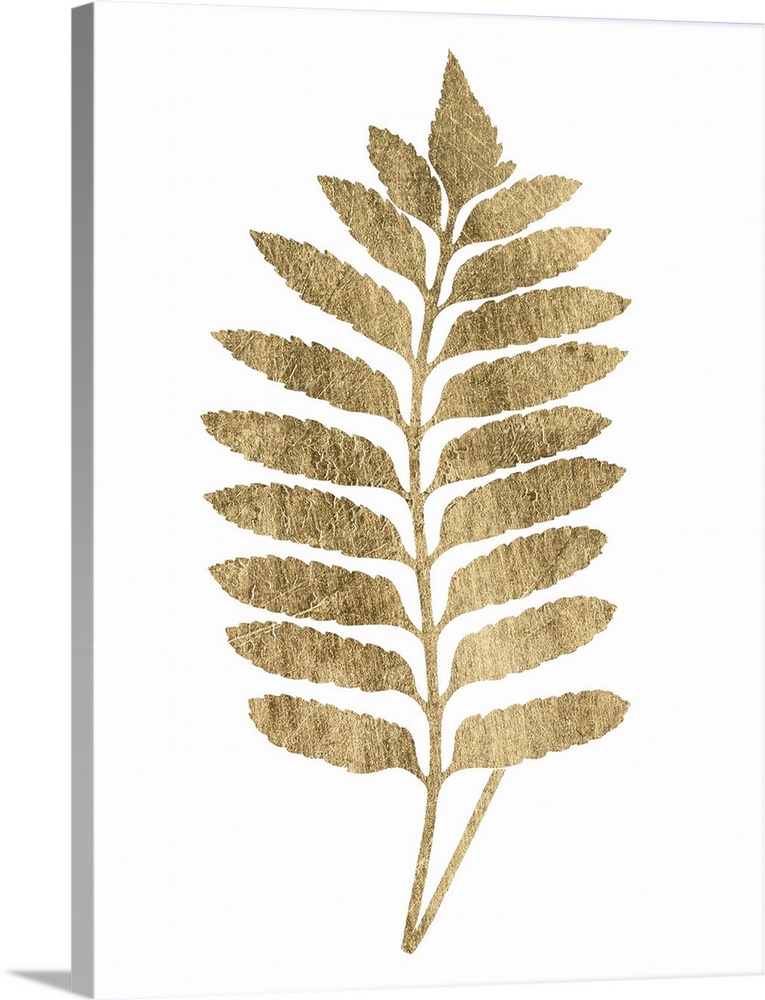 Contemporary artwork of a gold fern frond against a white background.