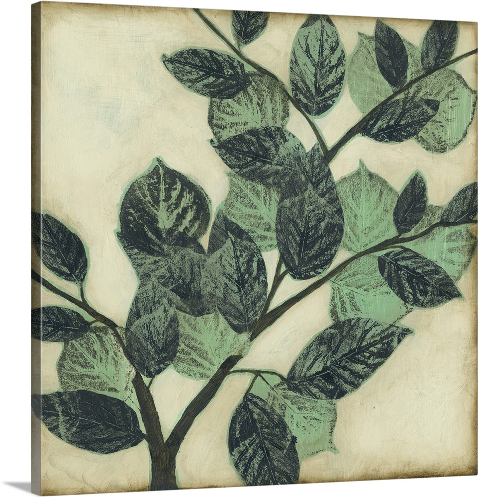 Home decor artwork of muted green leaves on a twig against a light pale green background.