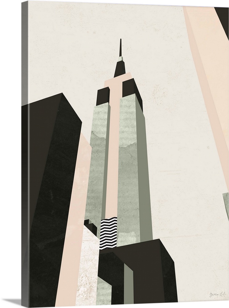 Minimalist geometric artwork in black and pale pink of the stylized Empire State Building.