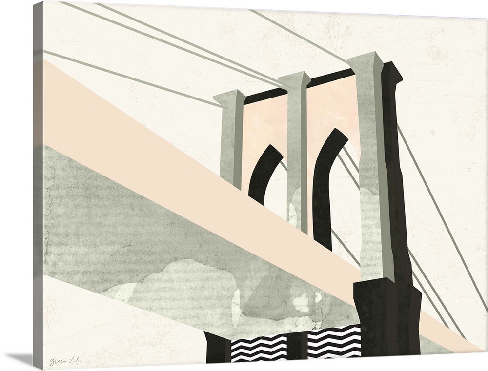 Minimalist geometric artwork in black and pale pink of the stylized Brooklyn Bridge.