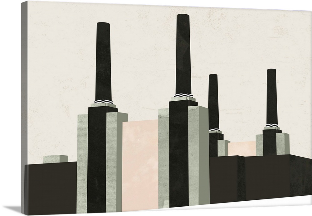 Minimalist geometric artwork in black and pale pink of stylized New York City buildings.
