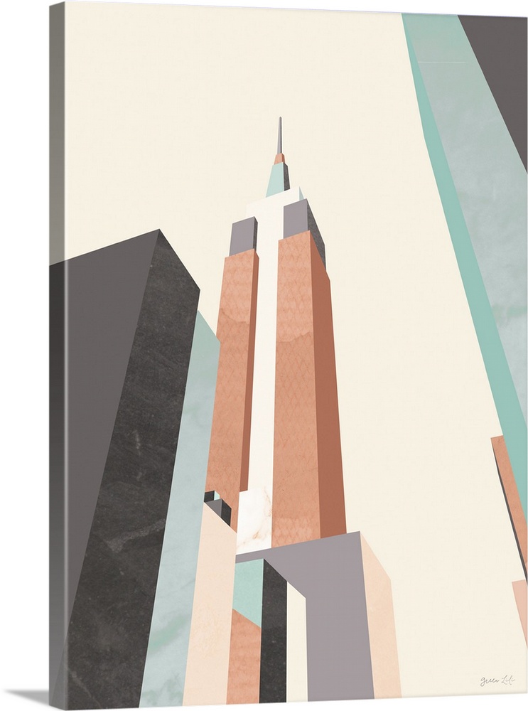 Minimalist geometric artwork in blue and coral of a stylized Empire State Building.