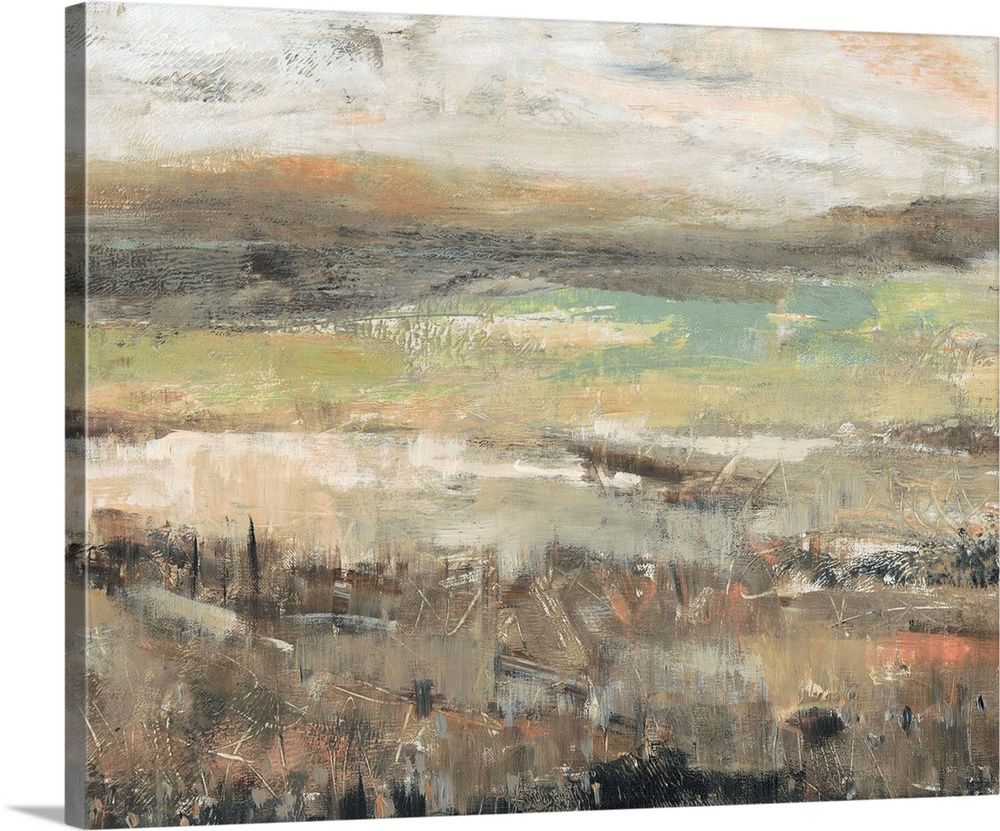 An abstract landscape painting of a field done if textured tones of brown, green and cream.