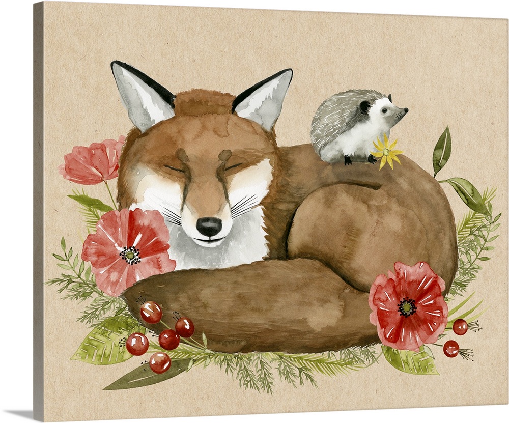 Whimsical painting of a hedgehog sitting on top of a resting fox, surrounded by red flowers and berries,