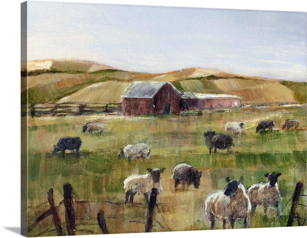 Contemporary artwork of a flock of sheep near a red barn in low afternoon light.