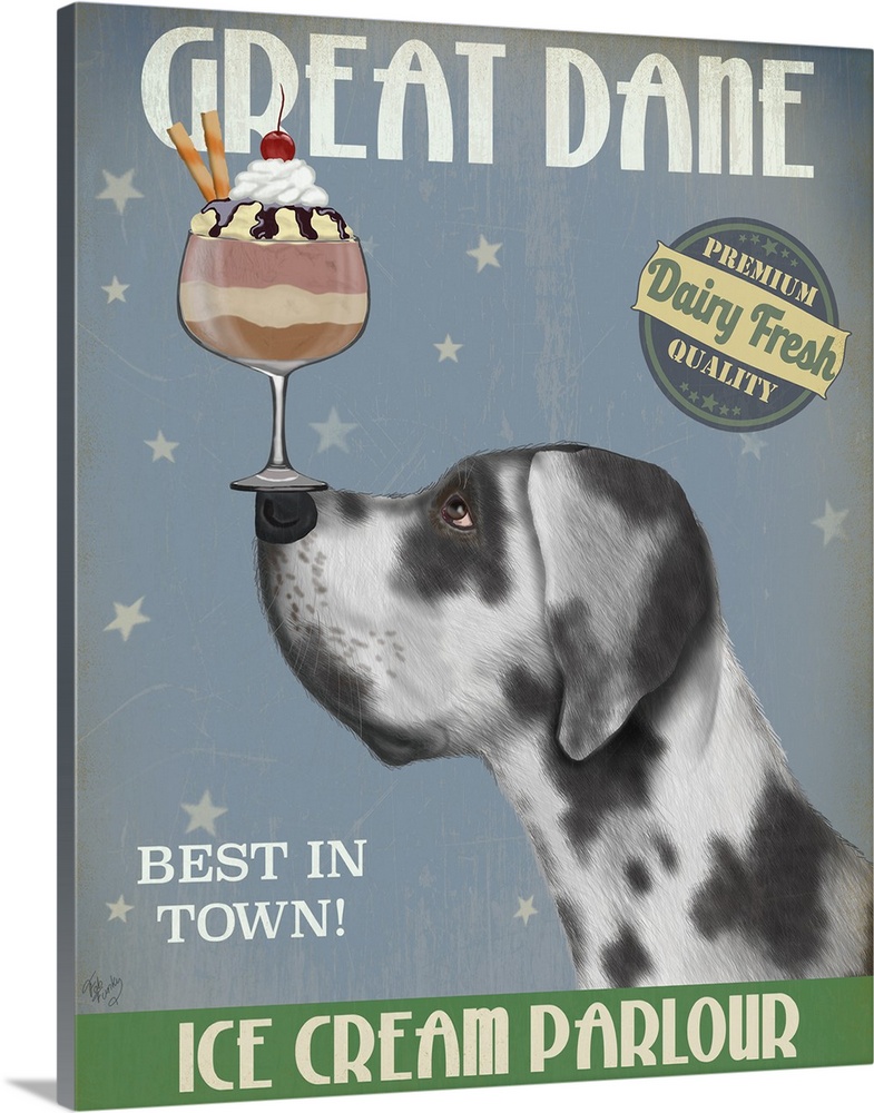 Decorative artwork of a Great Dane balancing an ice cream sundae on its nose in an advertisement for an ice cream parlour.