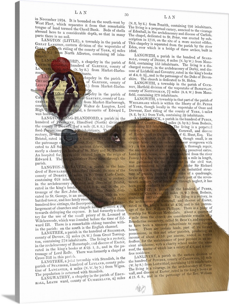 Decorative artwork of a tan Great Dane balancing an ice cream sundae on its nose, painted on the page of a book.