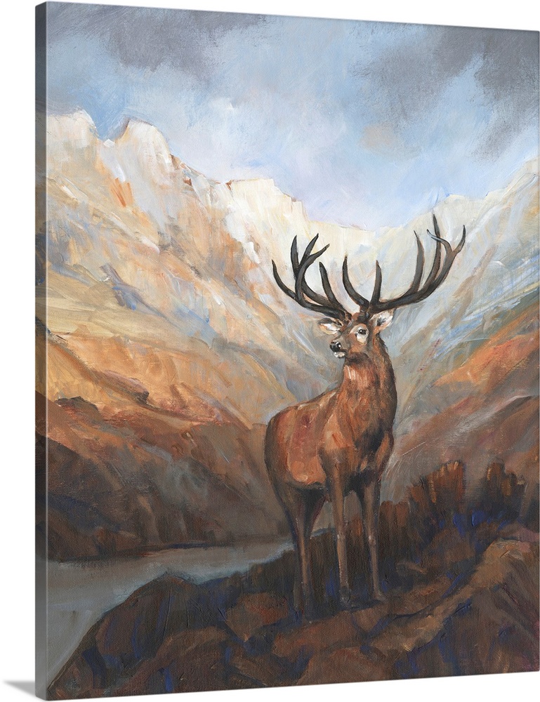 Portrait in the traditional style of a majestic red deer in the mountains, reminiscent of the painting 'Monarch of the Gle...