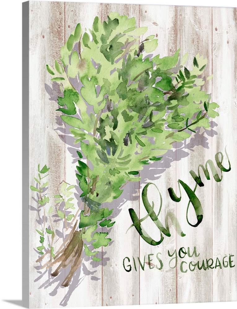 Watercolor thyme leaves with text "Thyme gives you courage."