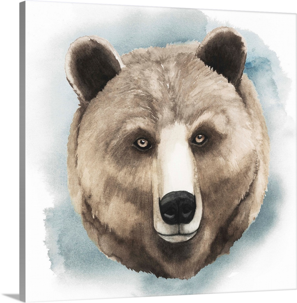 Watercolor portrait of a grizzly bear in neutral tones.