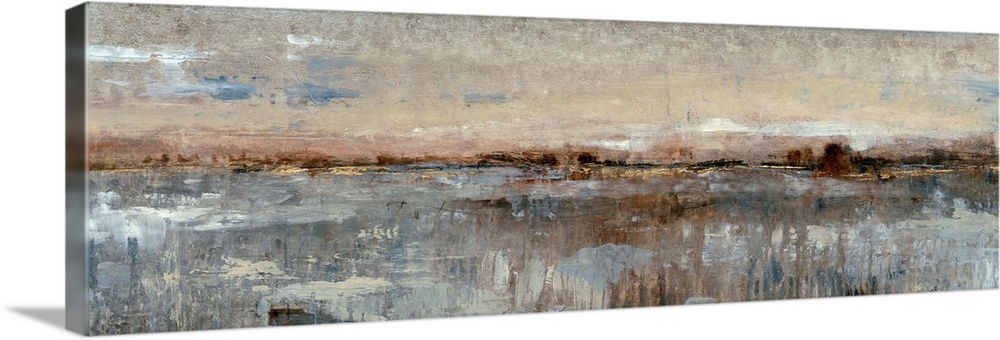 This long, panoramic abstract painting is reminiscent of a coastal landscape. Impressionist-style brush strokes convey the...