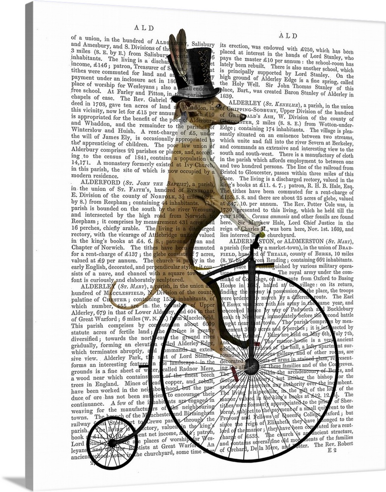 Humorous illustration of a greyhound riding a bicycle painted over a vintage dictionary page.