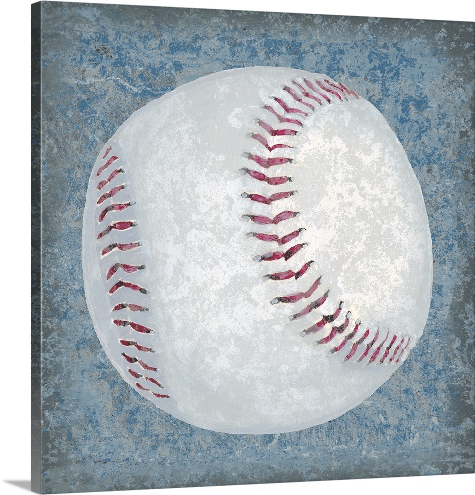 Square sports decor with an illustration of a baseball on a blue, and gray textured background.