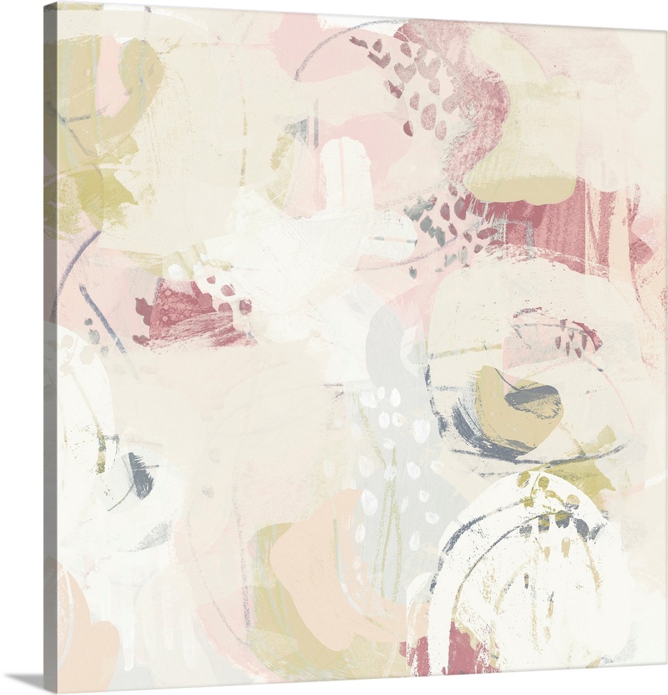 Contemporary abstract painting in soft, pastel shades of pink and coral.