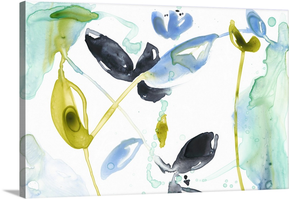 Watercolor painting of flowers and leaves in yellow, black, and blue, on white.