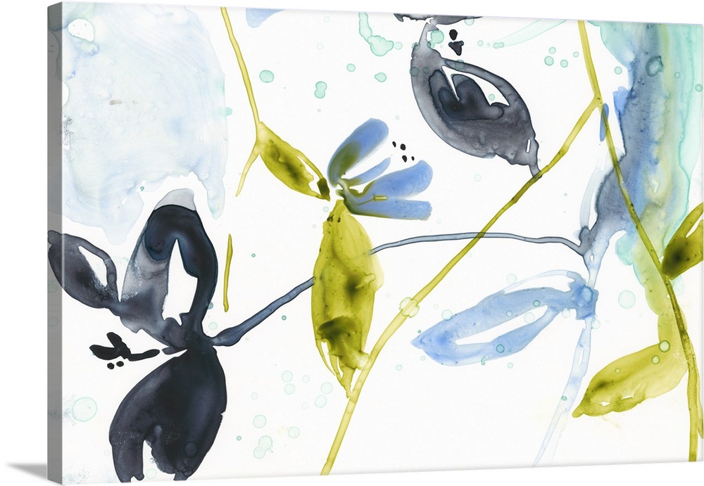 Watercolor painting of flowers and leaves in yellow, black, and blue, on white.