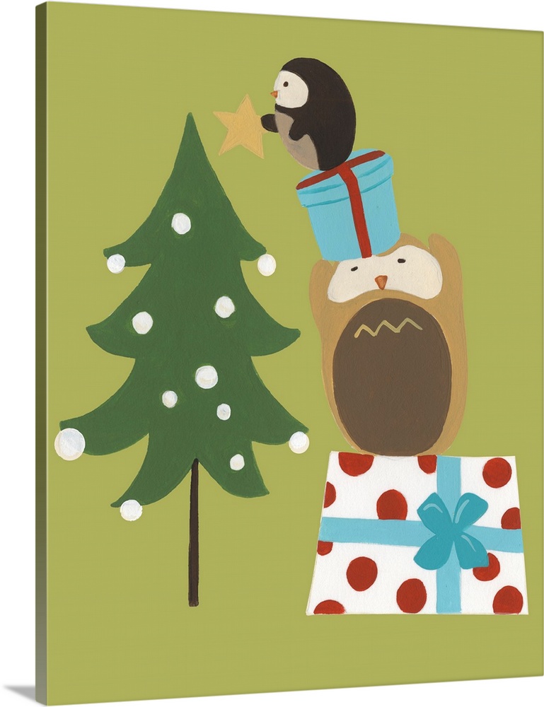 Cute holiday illustration of two owls on gifts decorating a Christmas tree.