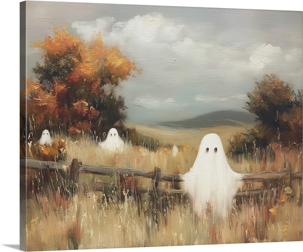 A painting of a pasture with whimsical ghosts in the style of gothic horror.
