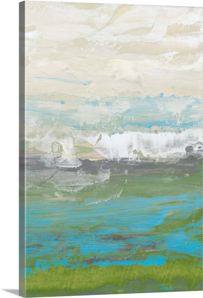 Contemporary abstract painting using white and gray tones on top of blueish green tones to create a landscape.
