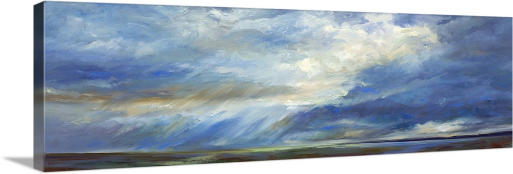 Contemporary painting of pastel clouds over a quiet landscape.