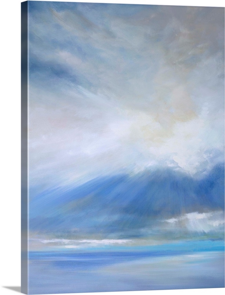 Contemporary painting of a seascape with soft light streaming through the clouds.